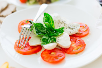 appetizing mozzarella and sliced tomatoes on a plate with a fork