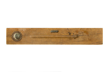 Old vintage wood ruler level meter on the white background