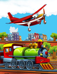 Cartoon funny looking steam train on the train station near the city and flying fireman plane - illustration for children