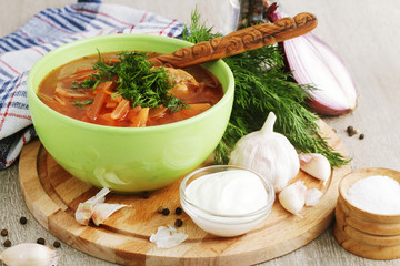 A bowl with traditional Ukrainian borscht	
