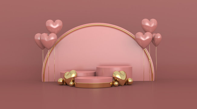 happy valentine day celebration holiday festival. heart shape love 3d party many ground elevation scatter podium display stand product advertisement. object with clipping path. 3D Illustration