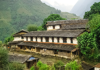 Beautiful hill and small village in the mountain valley of Nepal