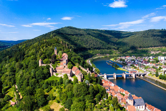 Aerial view of Zwingenberg Castle on mountain by Neckar River, Hesse, Germany