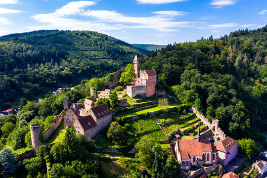 Aerial view of Zwingenberg Castle on mountain against sky in town, Hesse, Germany