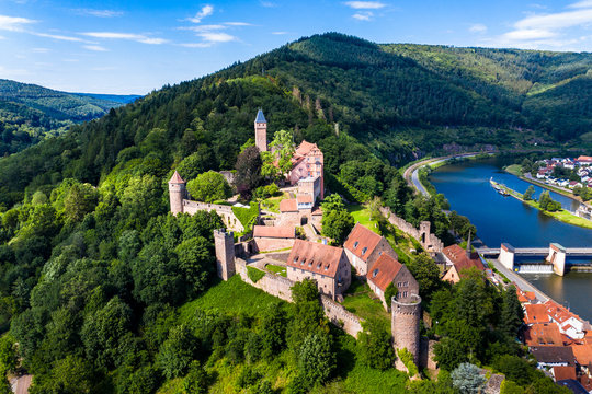 Aerial view of Zwingenberg Castle on mountain by Neckar River, Hesse, Germany