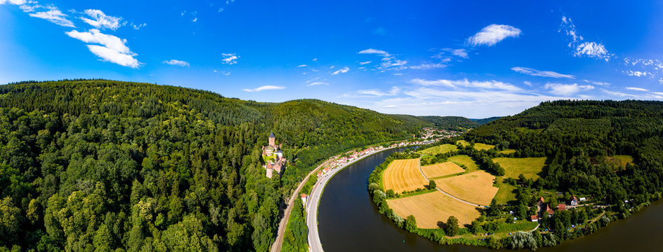 Aerial view of Zwingenberg Castle on mountain by Neckar River, Hesse, Germany