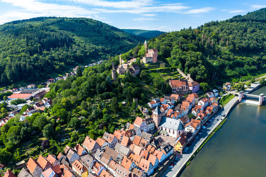 Aerial view of Zwingenberg Castle on mountain in town, Hesse, Germany