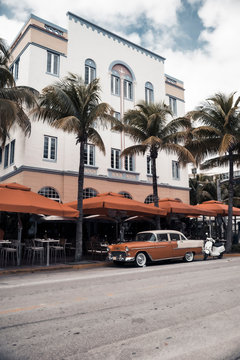 Vintage car in front of Art Deco house, Miami, USA
