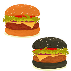 Classic and black hamburgers with cheese, onions, lettuce and a pomodor. Vector isolates in cartoon flat style. White background