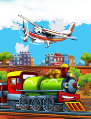 Fototapeta premium Kreskówka śmiesznie wyglądająca stacja w pobliżu miasta i latający samolot - ilustracja dla dzieci