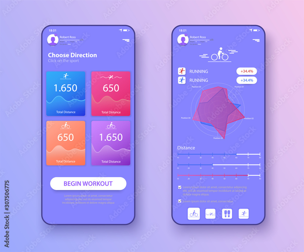 Poster different ui, ux, gui screens fitness app and flat web icons for mobile apps, responsive website inc