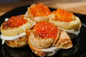 Pancakes with red caviar. red caviar