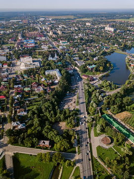 Drone view of Sergiev Posad town against clear sky, Moscow, Russia