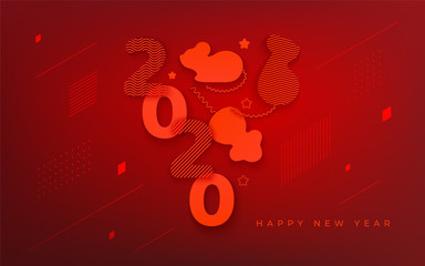 Happy New Year red banner with abstract geometric elements and rats