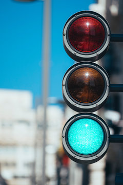 Low angle view of road signal in Madrid, Spain