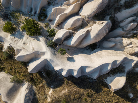 Aerial view of volcanic tuff formations at Goreme, Cappadocia, Turkey