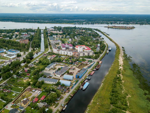 Aerial view of Neva river in town against cloudy sky, Shlisselburg, Russia