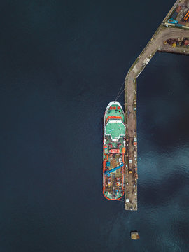 Aerial view of ship in Neva river at Shlisselburg, Russia
