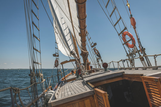 Denmark, Baltic Sea, Gaff schooner poop deck seen on peaceful day?