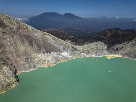 Indonesia, Java, Aerial view of green sulphuric lake of Ijen volcano