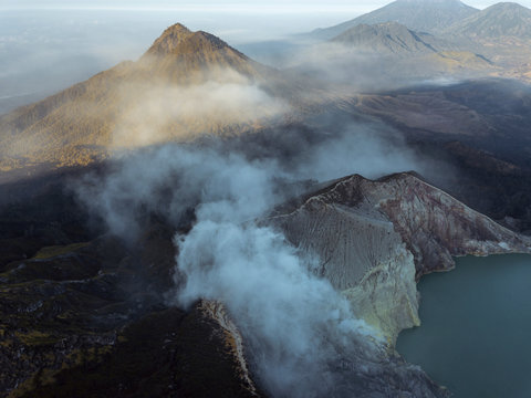 Indonesia, Java, Aerial view of green sulphuric lake of Ijen volcano
