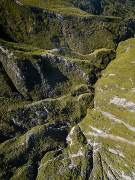 Indonesia, Java, Aerial view of green overgrown ridge of?Ijen volcano