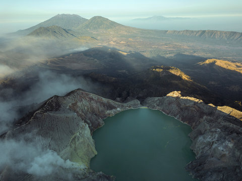 Indonesia, Java, Aerial view of sulphuric lake of?Ijen?volcano