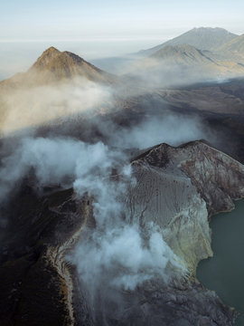 Indonesia, Java, Aerial view of green sulphuric lake of Ijen volcano