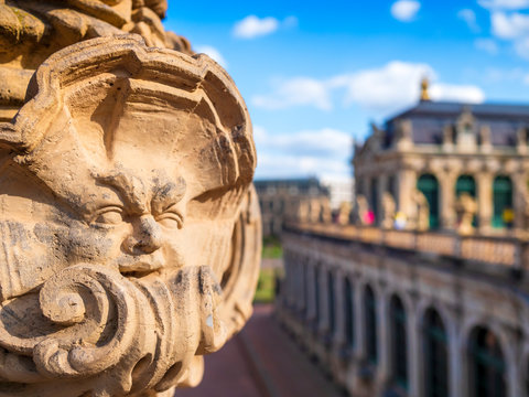 Close-up of statue at Zwinger palace against sky in Dresden, Germany