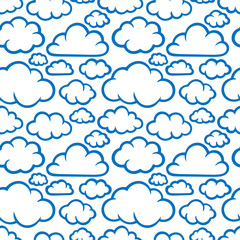 Clouds seamless pattern. Hand drawn clouds endless background. Clouds sketch drawing texture. Cartoon style doodle clouds pattern. 