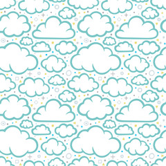 Clouds seamless pattern. Hand drawn clouds endless background. Clouds sketch drawing texture. Cartoon style doodle clouds pattern. 