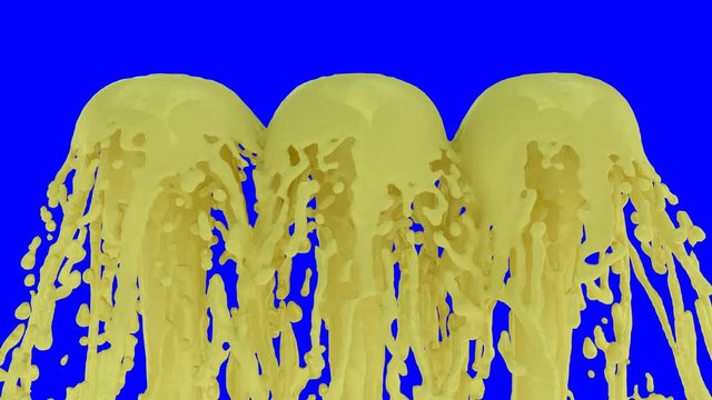 Animated Three Fountains Of Realistic Pineapple Juice Erupting And Splashing Against Blue Background.