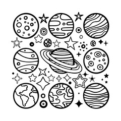 Fototapeta premium Planets and stars. Hand drawn planets and different shape stars vector illustration set. Planets sketch drawing. Doodle planets and stars. Part of set.
