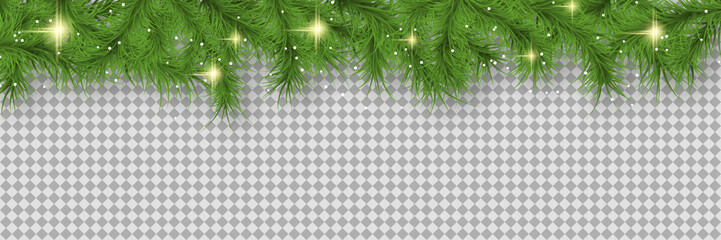 Christmas and New Year vector banner template. Fir tree branches border with winter decor on transparent background 