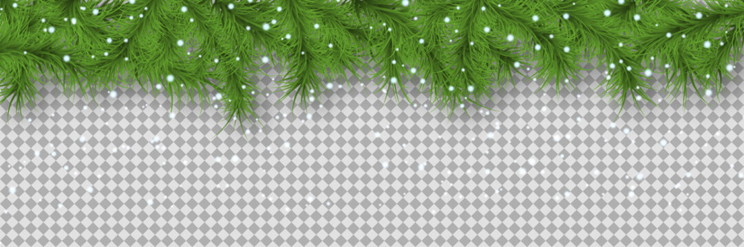 Christmas and New Year vector banner template. Fir tree branches border with winter decor on transparent background 