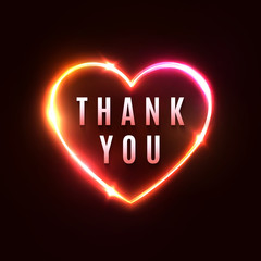 Thank you background. 3d realistic heart shape neon light sign and glowing thankful letters star sparkle. Shining frame on dark red background. Night banner card decoration design vector illustration.