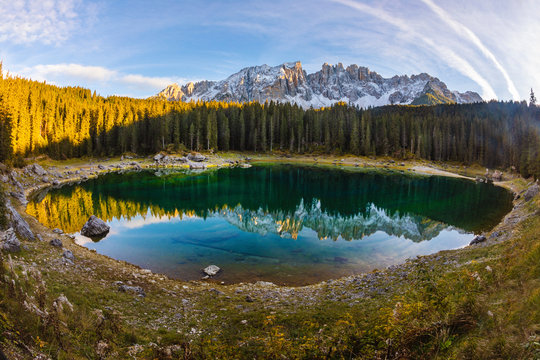 Wide angle view of Lake Carezza during sunset, Italy