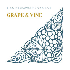 Grape and vine.  Hand drawn grape bunch engraving style illustration. Bunch of grapes sketch drawing corner ornament. Part of set.