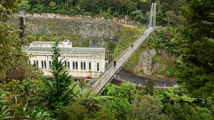 Arapuni hydroelectric power station and swing bridge on the Waikato River, in the North Island of New Zealand.