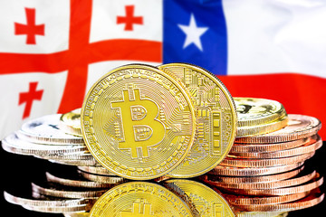 Concept for investors in cryptocurrency and Blockchain technology in the Georgia and Chile. Bitcoins on the background of the flag Georgia and Chile.