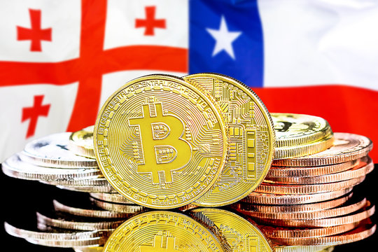 Concept for investors in cryptocurrency and Blockchain technology in the Georgia and Chile. Bitcoins on the background of the flag Georgia and Chile.
