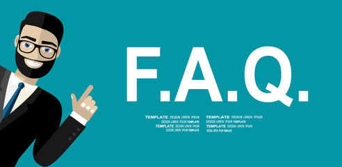 Frequently asked questions concept vector illustration of young smiling man gesturing hands to letters faq.