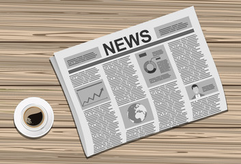 Newspapers with a cup of coffee on wood background. Flat design style