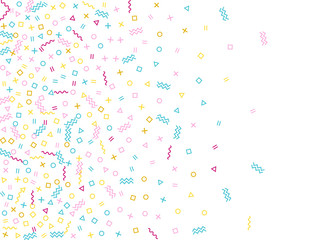 Memphis style geometric confetti vector background with triangle, circle, square shapes, zigzag and wavy line ribbons.