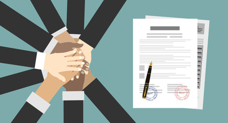 Obraz premium People showing unity with their hands together. Crossed hands and agreement paper. Business team work cooperation and partnership. Vector illustration flat style.