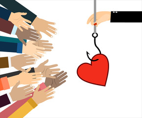 Obraz premium On fishing hook hanging heart. People are pulling their hands to the heart. Deception, a trap on the hook. Flat design style, vector illustration.