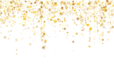 Trendy gold confetti sequins tinsels scatter on white. VIP holiday vector sequins background. Gold foil confetti party pieces isolated. Rhombus sparkles party background.