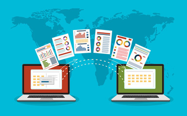 File transfer. Two laptops with folders on screen and transferred documents. Copy files, data exchange, backup, PC migration, file sharing concepts. Flat design graphic elements. Vector illustration