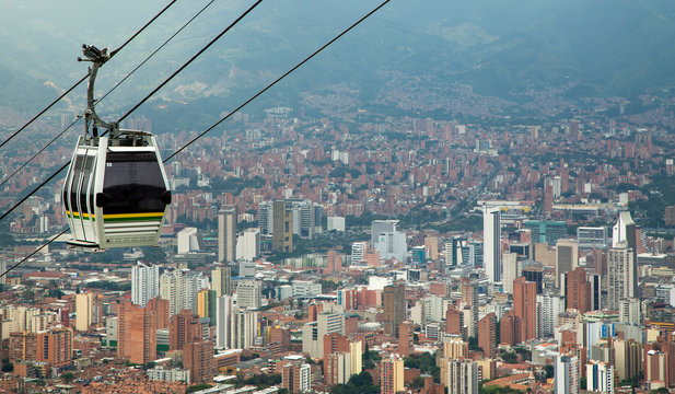 Medellín, Antioquia / Colombia - December 3, 2019. The Metrocable Line M is a complementary work to the Ayacucho Tram project and its two cables. It has 1,056 meters in length, three stations and 49 c