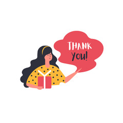 Design template card for International Thank You Day. Cute character on festive poster. Woman and gift.